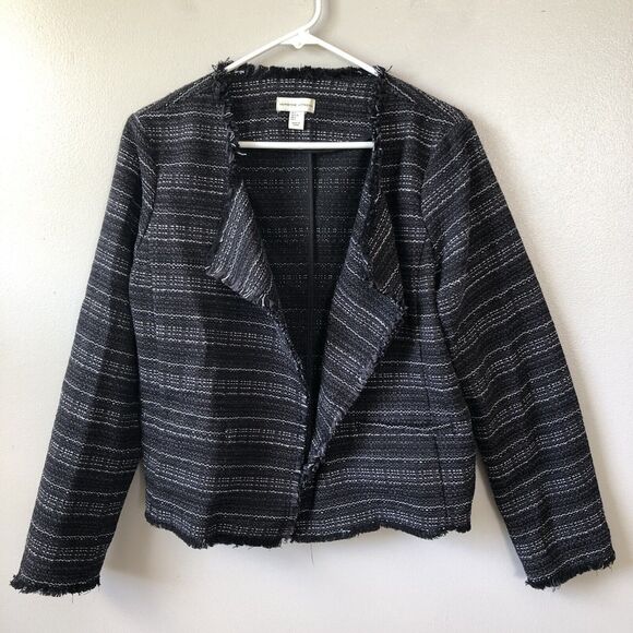 Adrienne Vittadini Open Front Knit Blazer Womens Large Tweed Fringe Trim Jacket - Picture 1 of 12